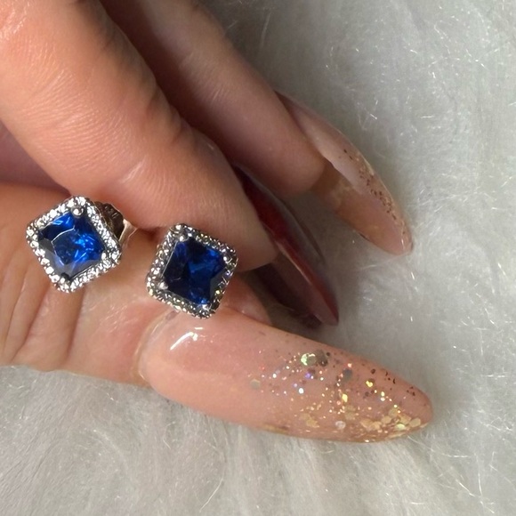 Elegant Blue and Silver Stud Earrings - Picture 2 of 9